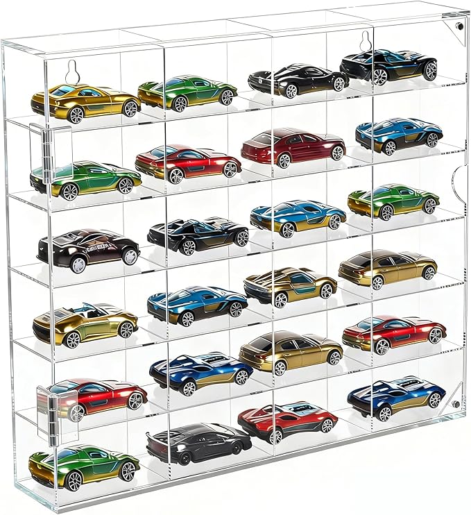 JUESHA Acrylic Display Case for Hot Wheels Storage 1/64 Scale, 6 Levels 24 Slots Toy Cars Showcase Wall Mount or Desktop, Clear Display Organizer for Diecast Matchbox Model Car Tabletop