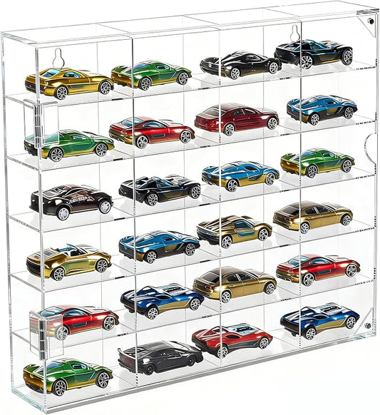 JUESHA Acrylic Display Case for Hot Wheels Storage 1/64 Scale, 6 Levels 24 Slots Toy Cars Showcase Wall Mount or Desktop, Clear Display Organizer for Diecast Matchbox Model Car Tabletop
