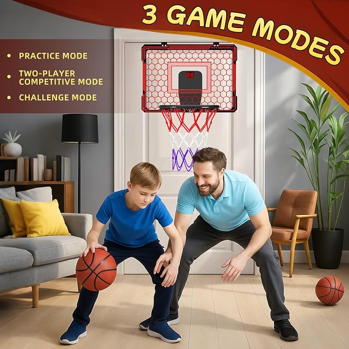 Molutsody Indoor Basketball Hoop for Kids, Over The Door Mini Hoop with LED Light & Scoreboard - Easy Install & Safe for Doors, Birthday for 5 6 7 8 9 10+ Year Old Boys (Red)