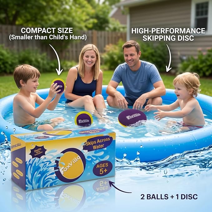 FoxVilla Water Skipping Ball Set - Includes 2 Water Bouncing Balls & 1 Flying Disc - Skips Across Water - Perfect Summer Pool, Beach, and Lake Toys for Kids (Ages 5+), Teens & Adults (Orange Purple)