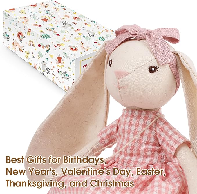 15" Bunny Stuffed Animal for Girls, Plush Toy Doll -Wearing Pink Plaid Dress,Cute Doll Set Dress Up for 3 4 5 Year Old Girl - Gift for Little Girl, Birthday, Easter,Christmas