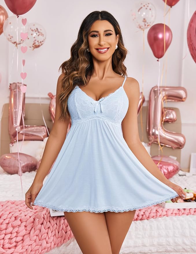 Avidlove Women Nightgown Sexy Sleepwear Lace Chemise V-neck Modal Babydoll Lounge Dress