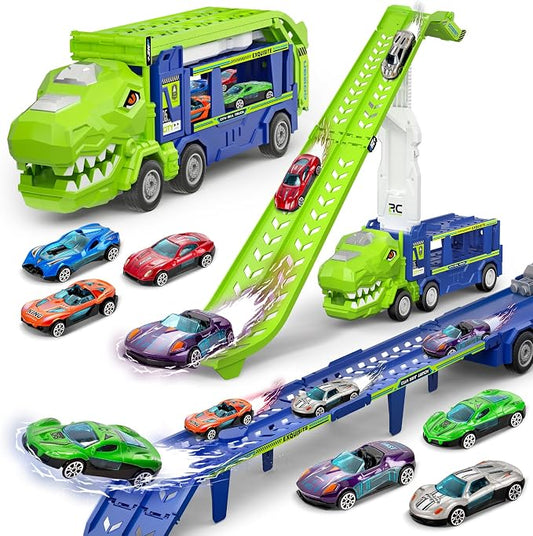 BainGesk Dinosaur Truck Car Toys for 3, 4, 5, 6 Years Old Boys Girls, 3 in 1 Carrier Truck with 2 Foldable Race Tracks, Transport Car with 6 Metal Cars, Birthday Toys Gifts for Toddlers