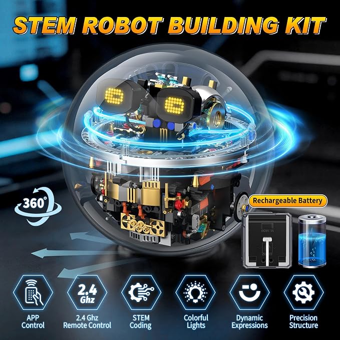 STEM Robot Building Kit, 804PCS APP & Remote Control Spherical Robotic Toys for Kids Age 8-14+ with Expressions & Lights, Rolling Technic Coding Robotics Kit Educational Gift for Boys Girls