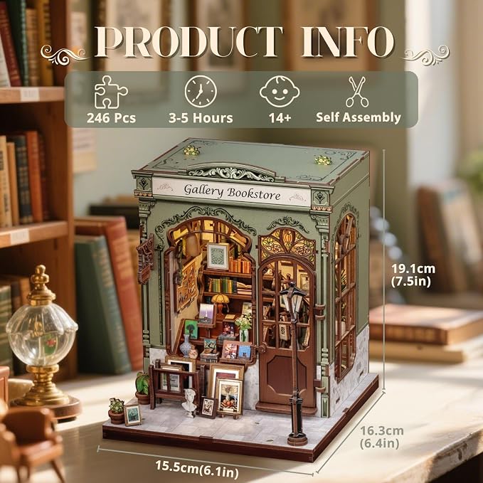 Cutefun Book Nook Kit - DIY Miniature Dollhouse Kit for Adults and Teens, 3D Wooden Puzzle Bookshelf Insert Decor with LED Light, Gifts for Book Lovers and Beginners (Gallery Bookstore)