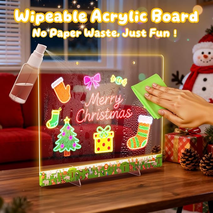 16" LumiBoard LED Drawing Board for Kids - 7 Colors & 10 Modes Rechargeable Acrylic LED Note Board with 7 Markers Cleaning Kit, Sketching & Birthday Gifts for Kids/Girls/Teens（Animals）