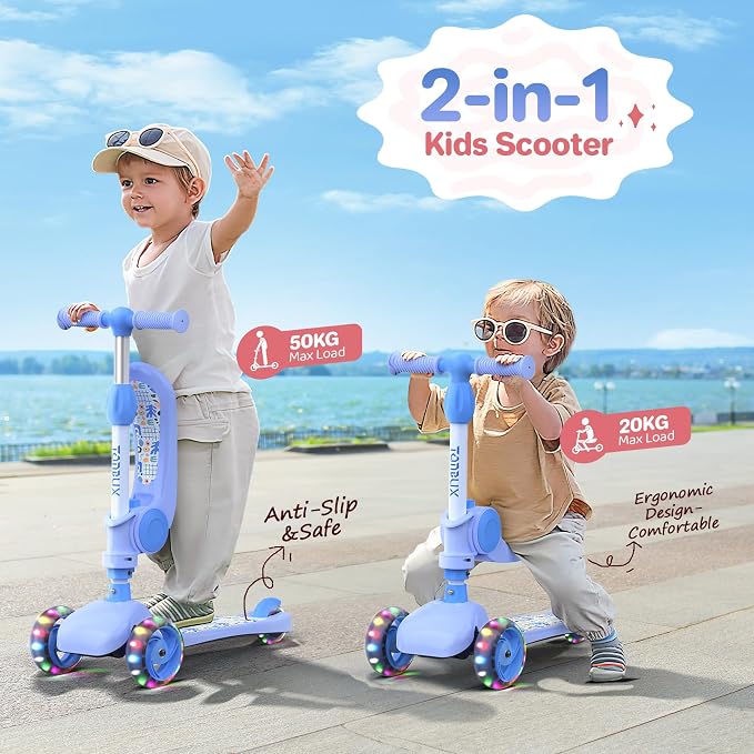 TONBUX Kids Scooter with Seat, 3 Wheels Scooter with PU Luminous Wheels, Non-Slip Handle and Wide Deck, Sensitive Brakes, 4-Level Adjustable Height, Scooters for Kids 2–8 Years
