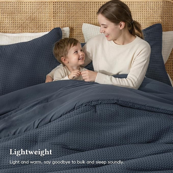 David's Home Waffle Weave Comforter Set 2PCS Twin Size, Soft Breathable Lightweight Cozy Skin-Friendly Warm for All Season, Elegant Aesthetic Home Decor Bedding Set with Pillow Shams, Indigo