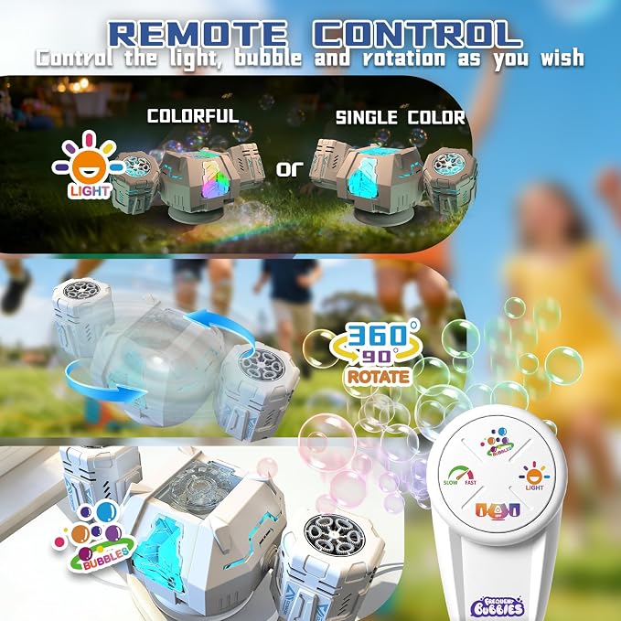 Remote Control Rotating Bubble Machine, Rechargeable Auto Bubble Blower for Kids Party Outdoor Gift