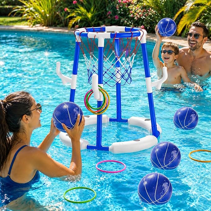 2-in-1 Pool Basketball Hoop & Ring Games with 4 Balls 12 Rings and Pump, Summer Water Outdoor Party Swimming Pool Toys Games for Kids Ages 4-8 8-12 Adult, Family Water Party Birthday Games Toys