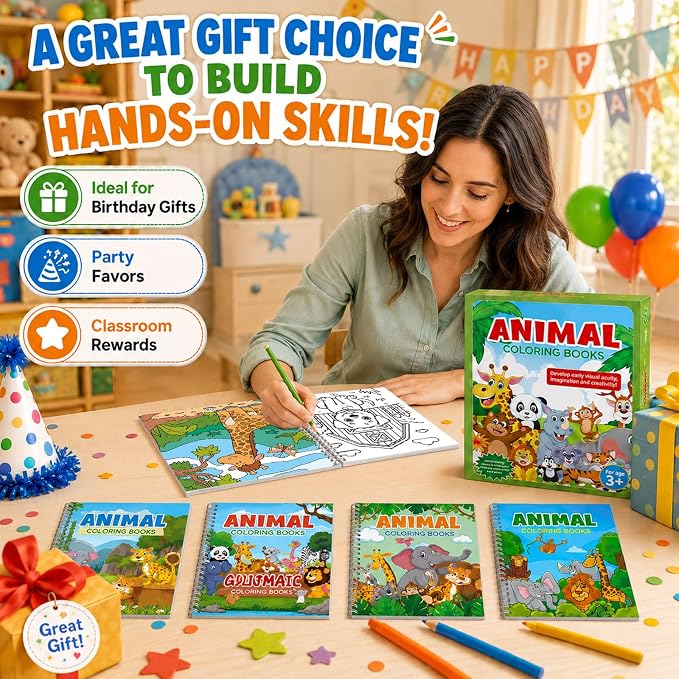 4 Pack Jungle Safari Animal Coloring Books 8.6x11 Inch Spiral Bound Coloring Books Bulk Zoo Animal Themed Activity Book DIY Crafts for Birthday Travel Gifts Party Favors Holiday Trip Supplies