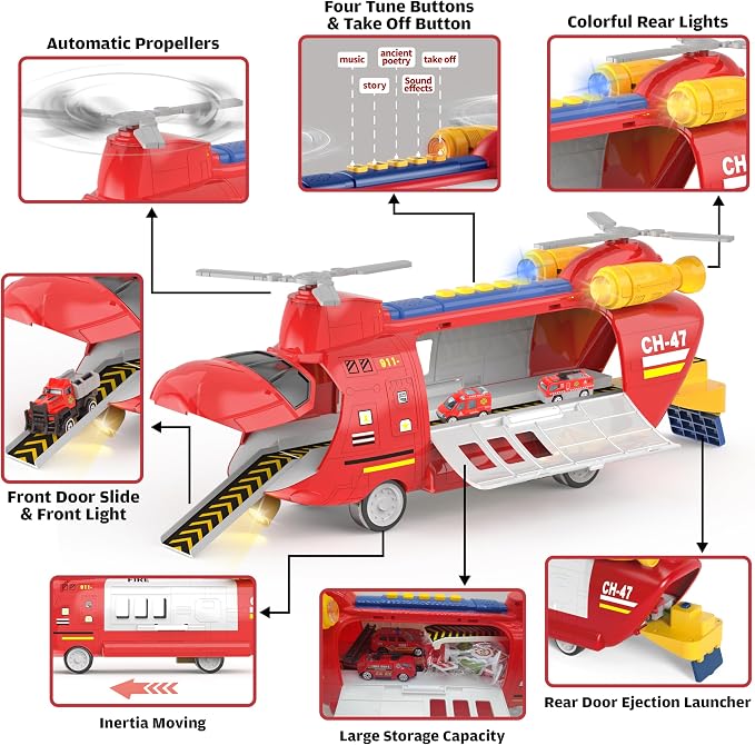 Toddler Airplane Toys w/ 7 Alloy Fire Truck Toys/Helicopter, 1 City Play Mat, 12 Road Signs, Airplane Launcher Toys with Lights & Sounds, Auto Spin Propellers, Toy Cars Ejection, Gift for Kids Age 3+