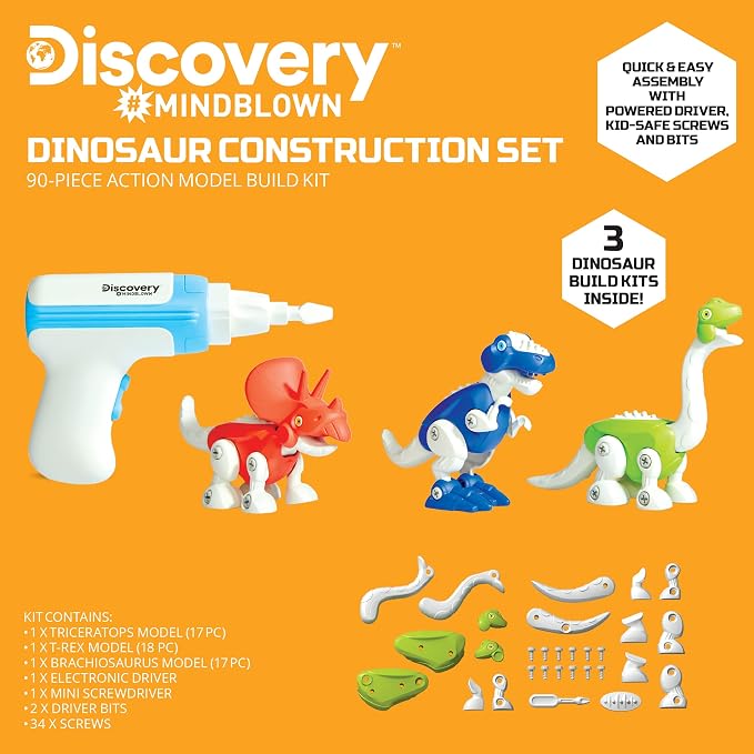 Discovery™ Dinosaur Construction Set, 90-Piece Action Model Build Kit, Kid-Safe Electronic Tools & Screws, Create T-Rex Triceratops, Prehistoric Monster Learning STEM Toy for Paleontologists