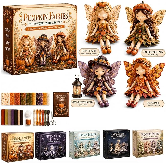 Fairy Patchwork DIY Collection, Fun Flower Fairy Patchwork Sewing Kit, Make 4pcs Winged Elf Cloth Dolls, Complete Fabric Supplies DIY Craft Set for Beginner Crafters, Home Decor Handmade Gift (#C)