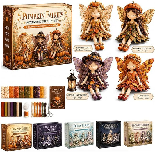 Fairy Patchwork DIY Collection, Fun Flower Fairy Patchwork Sewing Kit, Make 4pcs Winged Elf Cloth Dolls, Complete Fabric Supplies DIY Craft Set for Beginner Crafters, Home Decor Handmade Gift (#C)