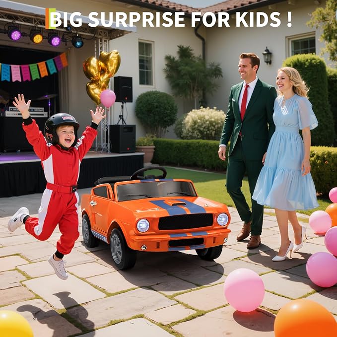 Garvee 24V 2 Seater Ride on Licensed Shelby GT350, Battery Powered Ride on Toys for Kids with Remote Control, Ford Shelby Kids Electric Vehicle 2 Seat, Safety Belt, 2 Speeds, LED Lights, Orange