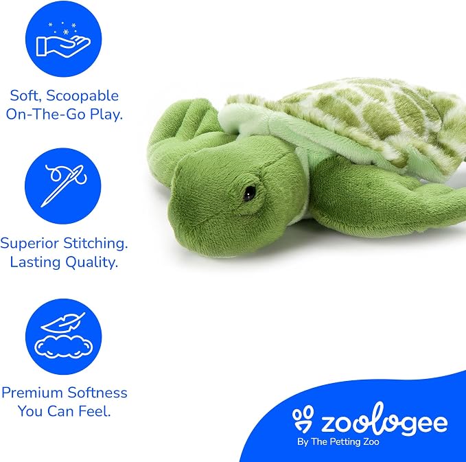 The Petting Zoo Sea Turtle Stuffed Animal Plushie, Gifts for Kids, Scoopz Sealife Animals, Green Tortoise Plush Toy 8 Inches