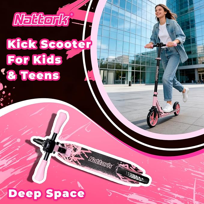Nattork Scooter for Kids 6+, Teens and Adults- Adjustable Height Folding Kick Scooter with Large Sturdy Wheels for a Smooth Ride, Lightweight, Anti-Shock Suspension for Boys and Girls