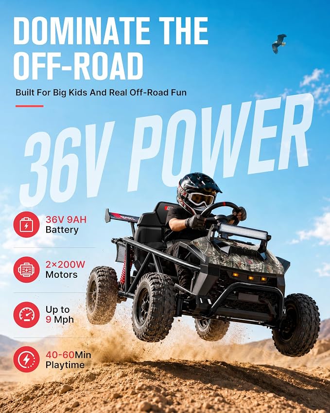 First Ride On 36V Kids Off-Road Go Kart, 400W Electric Ride-On Car for Ages 6+, Up to 9.3 MPH, EVA Tires, Metal Frame, Hall Throttle, Electronic Brake, Adjustable Seat, Bluetooth (Black Camo)
