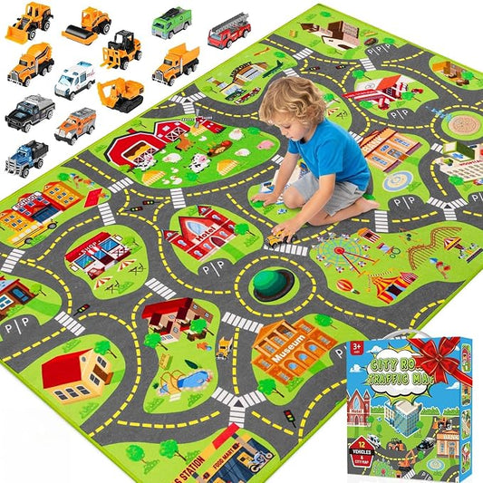 Kids Car Rug Play Mat with 12 Toy Vehicle Set, Kid Road Playmat Rug for Toy Cars, Cars Play Rugs Town City Map Carpet, Car Track Rugs for Kids Boys Playroom Bedroom (60"X36", City Map+Vehicle)