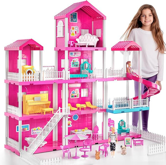 JUKUDAHU Pink Villa Playset for Girls Ages 3-7, 4-Story 10-Room House with 2 Dolls, Furniture & Accessories, Pretend Play Toddler Toy, Birthday Gifts for Kids 3-8