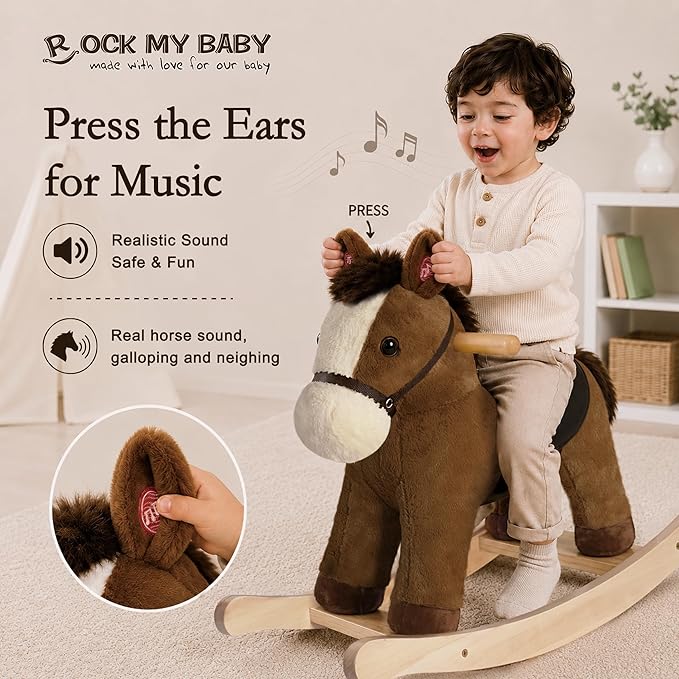 Rock My Baby Rocking Horse, Dark Brown Horse Rocker for Toddlers 18M+, Plush Ride on Horse Toy with Realistic Sound,Soft Stuffed Filling, CPC Certified
