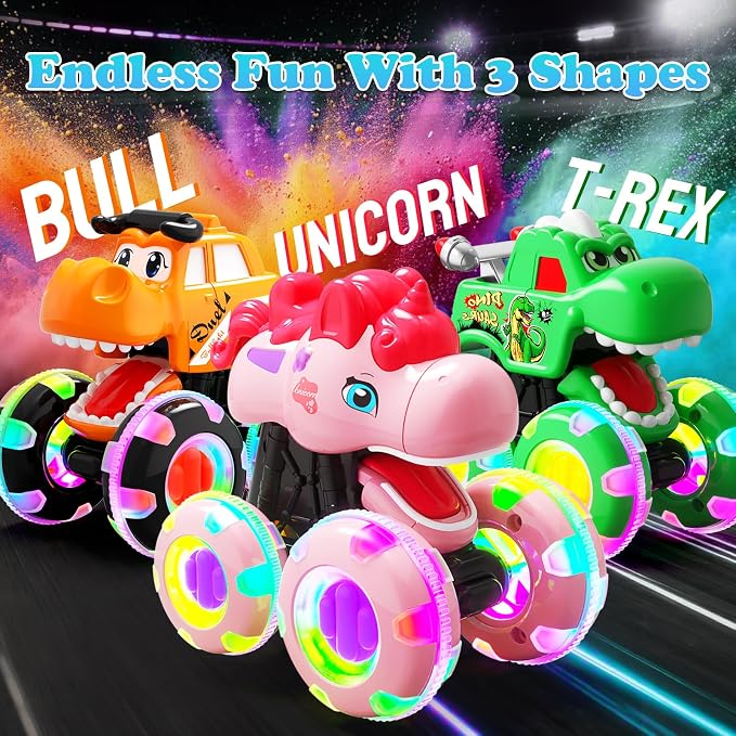 3 Pack Monster Truck Toys for Toddlers 1-3, Press & Go Cars with Flashing LED Wheels & Moving Mouth, Dinosaur Cars for 2 3 4 One Two Year Old Boy Birthday Gifts