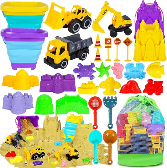 Beach Sand Toys for Kids - 31Pcs Sandbox Toy Set with 3 Trucks, 2 Collapsible Buckets, 2 Castle Buckets, Sand Molds, Shovels & Mesh Bag, Travel Summer Toy for Toddlers Boys Girls Age 3-10