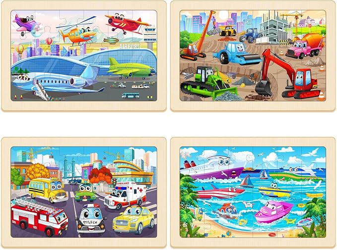 Wooden Puzzles for Kids Ages 4-6, 4 Pack 24 Pcs Toddler Puzzles Set for Ages 3-5, Educational Learning Toys Gift for Boys Girls 3 4 5 6 Year Old, Vehicle Transport Construction Car