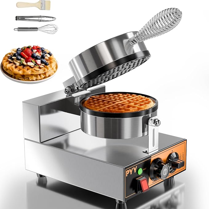 PYY Commercial Waffle Maker - 20Pcs/H Stainless Steel Round Belgian Waffle Machine, 1300W Non-stick Waffle Iron, Time Control and Temperature Adjustable, for Home Kitchen, Breakfast Restaurant