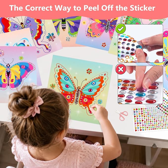 Marlrin Butterfly Gem Crafts for Girls Ages 4-8, Diamond Art Kit for Kids | 8 Pack Easy Gem Sticker Arts, 1000+ Gems, Peel & Stick No Mess, Hang & Display Stand, Party Favor, Birthday Gift for Girls