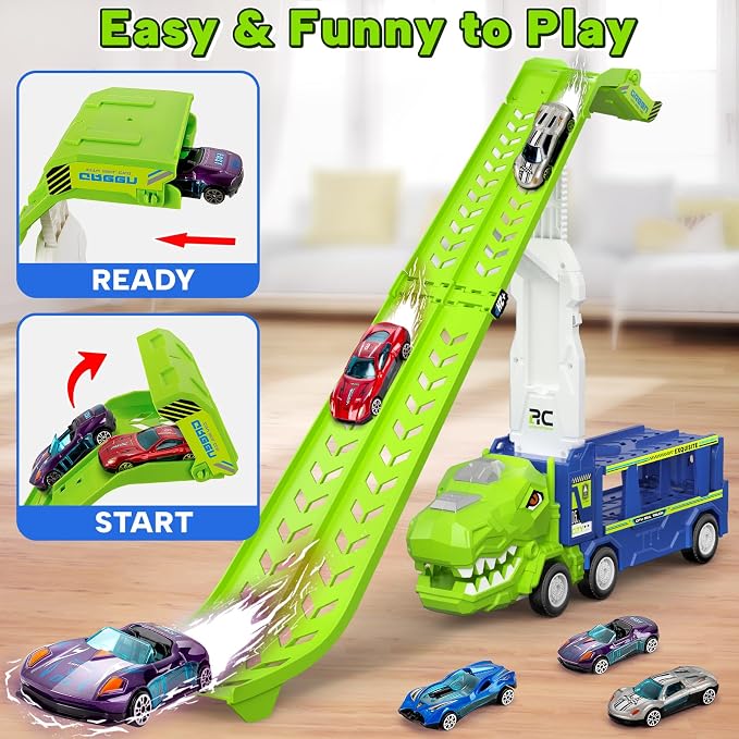 BainGesk Dinosaur Truck Car Toys for 3, 4, 5, 6 Years Old Boys Girls, 3 in 1 Carrier Truck with 2 Foldable Race Tracks, Transport Car with 6 Metal Cars, Birthday Toys Gifts for Toddlers