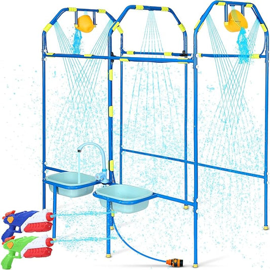 Water Park Sprinkler Toy for Kids, Heavy-Duty Steel Backyard Waterpark Splash Game with Shooting Toys, Splash Buckets, Water Table & Faucets, Water Play Activities Outdoor Summer Fun