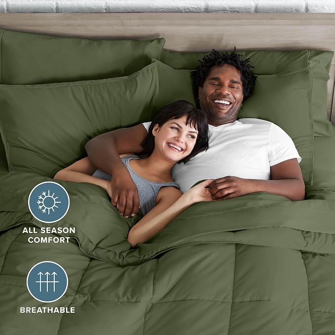 Bare Home Bed-in-A-Bag 7 Piece Comforter & Sheet Set - Queen - Goose Down Alternative - Ultra-Soft 1800 Premium - Bedding Set (Queen, Cypress/Cypress)