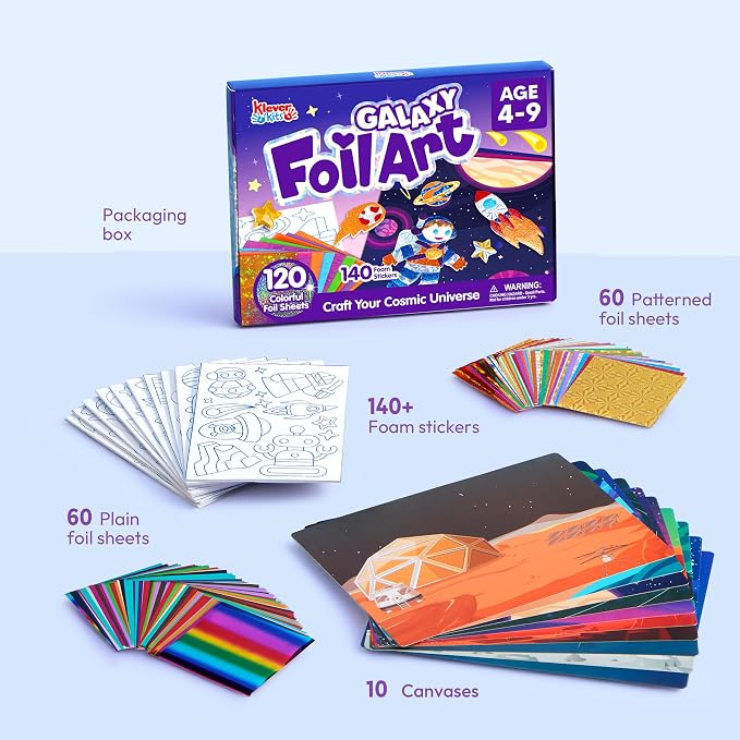 Klever Kits Outer Space Foil Art Kit for Kids - Arts & Crafts Supplies, Mess Free Coloring, Galaxy Foil Foam Stickers, Creative Travel Toys, Birthday Gifts for Boys & Girls Ages 4 and Up