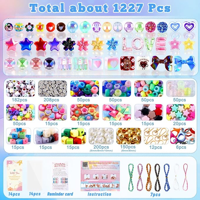TOHONGADON 1227 PCS Beaded Keychain Making Kit for Women, DIY Bag Charm Kits, with Assorted Acrylic Star Heart Flower Letter Beads, Colorful Bead Keychain Kit