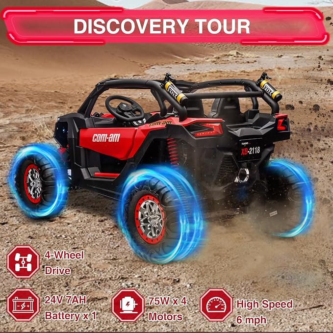 24V 2-Seater UTV Ride on Toy with Remote Control – Powerful 4WD Electric Vehicle Features 4 Shock Absorbers, Leather Seats, Music, and Lights. Designed As a 24V Ride-on Toy for Big Kids