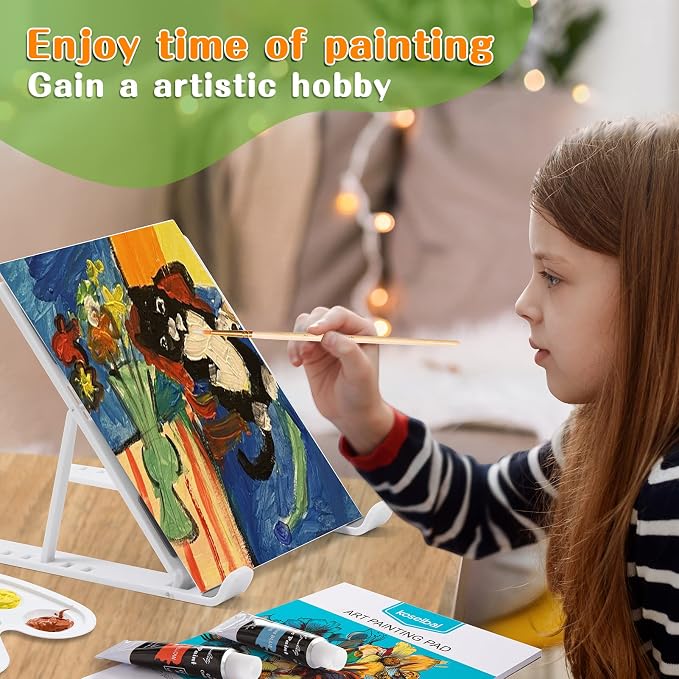 koseibal Acrylic Art Set with 24 Acrylic Paints, 8 DIY Wooden Stencils 5 Canvas Panels 8 Brushes, Table Easel, Etc, Painting Supplies Kit for Kids Students Artists and Beginner