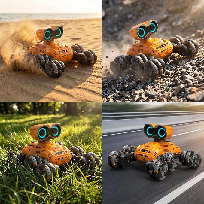 Robot Toys for Kids, 8 Wheels RC Stunt Car with LED Eyes, Lights & Music, Flexible Head, 360° Rotation, All-Terrain Remote Control Robot Car with Auto Demo, Gift for Boys Girls 3+ Years Old, Orange