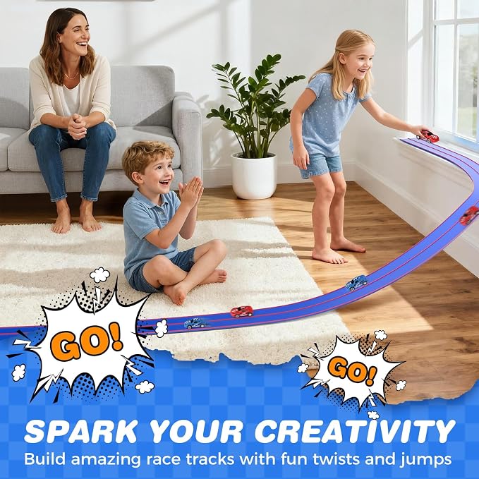 15 Ft Flexible Race Track for Kids, DIY Car Track Set with 3 Suction Cup Ramps, Easter Basket Stuffers for Teens & Boys Girls, Creative Easter Gifts for Kids, Sky Blue