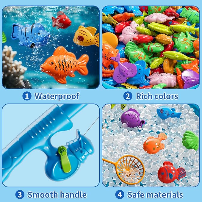 Magnetic Fishing Game Toys for Kids Toddlers 3-5 4-8, Water Table Bathtub Toys with Inflatable Pool Pole Rod Net Floating Fish, Water Bath Pool Outdoor Toys for Boys Girls Age 3 4 5 6 7 8 Year Old