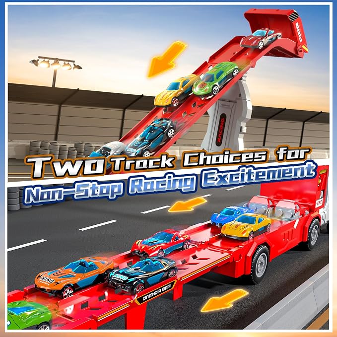 Transport Truck Toys for 3 4 5 6 7 Years Old Boys,Toys Cars Track Set Transporter Trucks with 12 Die-Cast Car Toys 2 Race catapults Dual-Track Model,Toddler Car Toy Set for Kids Boys Girls