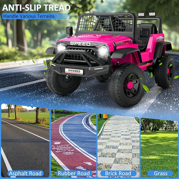 Hikole 24V Ride On Toys for Big Kids, 24V Power Wheels Truck with Remote Control, 3 Speed, Bluetooth, Music, Soft Start, Spring Suspension, LED Light, Electric Cars for Kids Boys Girls 3-5, Pink