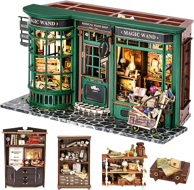 Spilay DIY Miniature Dollhouse Wooden Furniture Kit,Handmade Mini Modern Model Plus with Dust Cover & LED,1:24 Scale Creative Doll House for Lover Friend Gift (Magic House) | With LED Light & Dust Cover, DIY Wooden Craft for Bookshelf Decor, Reading No...