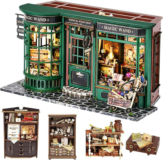 Roroom DIY Miniature House Kit, Magic Full House Book Nook Kit with LED Light, 3D Wooden Puzzle Miniature Dollhouse Kit for Bookshelf Decor-Creative Gift for Family and Friends