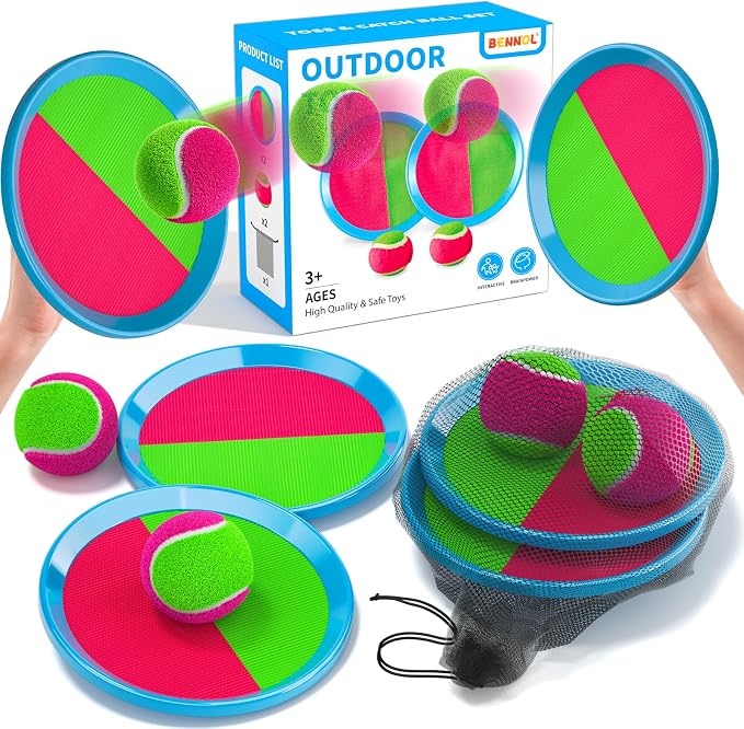 Bennol Toss and Catch Ball Game Outdoor Toys for Kids with 2 Paddle 2 Balls and A Storage Bag Outdoor Outside Games for Kids Ages 3 4 5 6 7 8 9 10 Yard Backyard Beach Outside Games Bulk Set