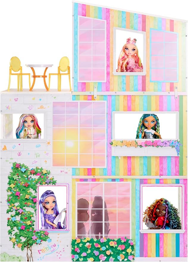 Rainbow High Color & Play 3-Story Doll House, Design All Walls & Floors with Washable Markers, Wood Playset Includes Toy Furniture and Accessories, Gift for Kids 4+