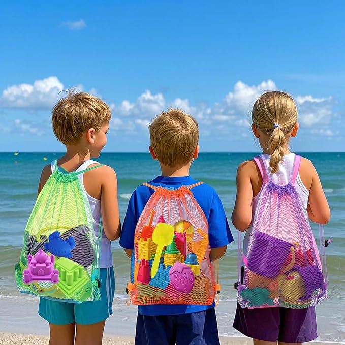 Vodolo 3pcs Beach Toy Bag,Mesh Travel Sand Toys Backpack for Sandbox Buckets,Beach Vacation Essentials for Kids,Shell Collecting Bag Shelling Tools,Must Haves Sand Box Toys Seashell Bags