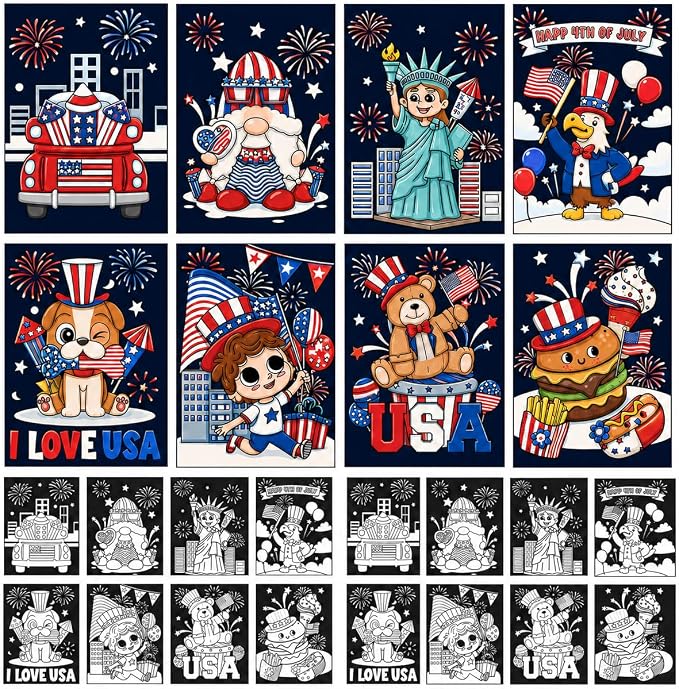 Cinrobiye 48 Pcs 4th of July Crafts, Patriotic Velvet Coloring Posters Bulk, Red White and Blue Craft Kit, Independence Day Coloring Activities for Kids, Seniors, Classroom, Party and Group Events