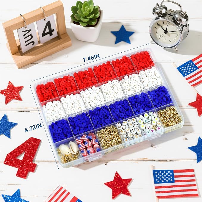 Redtwo 4th of July Red White and Blue Clay Beads Bracelet Making Kit with USA Letter Beads, Patriotic Beads for Jewelry Making for Independence Veterans Day Party Favors, DIY Gifts with America Flag.